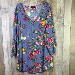 Scarlett Plus 2X 1/4 Zip V-Neck Floral Blue White Striped Tunic w/Tabbed…
